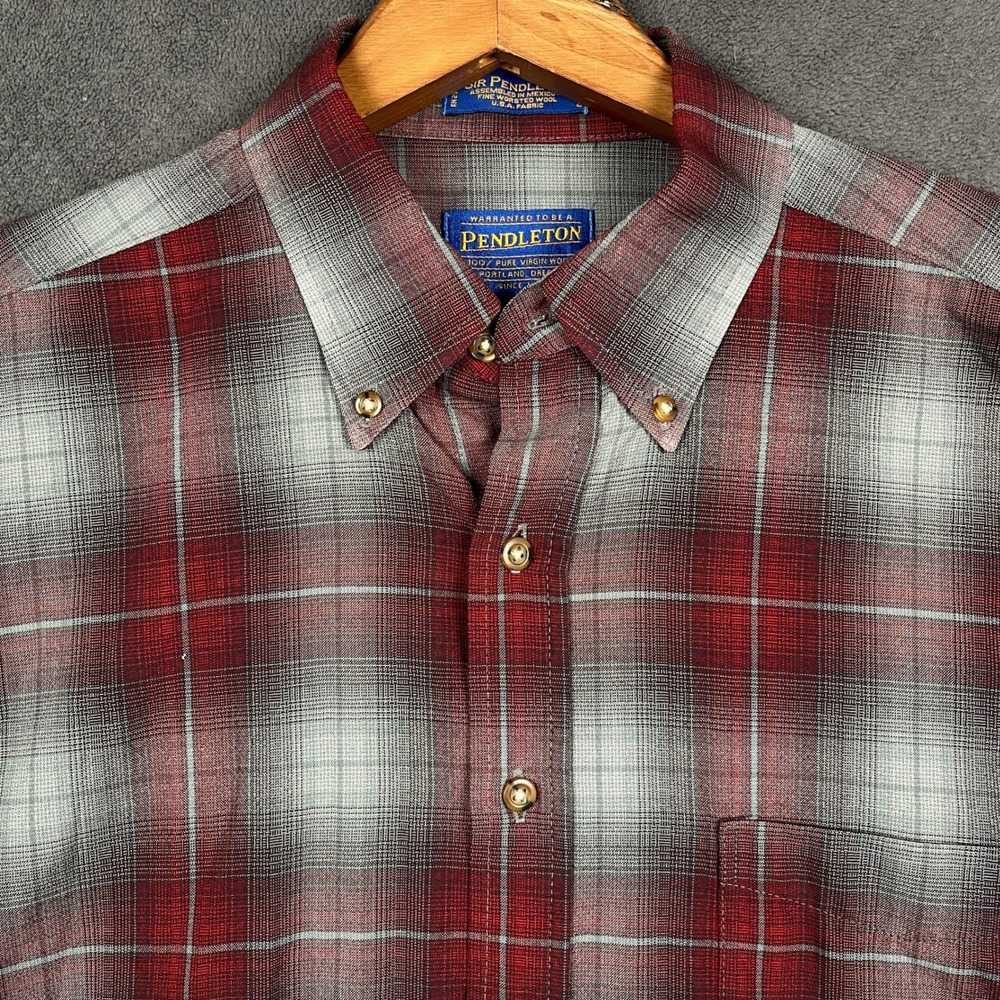 Pendleton Sir Pendleton Shirt Mens Large Red Gray Plaid Worsted Wool Long Sleeve
